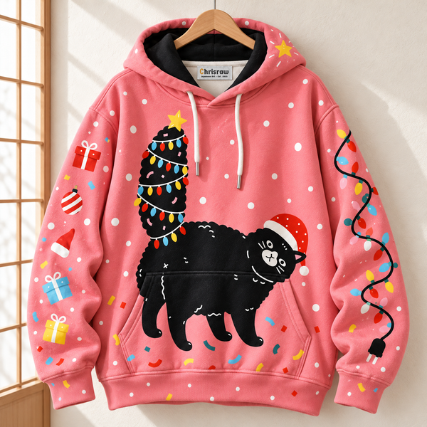 Chrisraw Black cat with Christmas tree tail hoodie — hanging