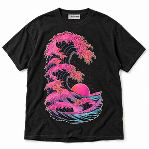 Chrisraw Momonami black T-shirt — pink great wave vaporwave print