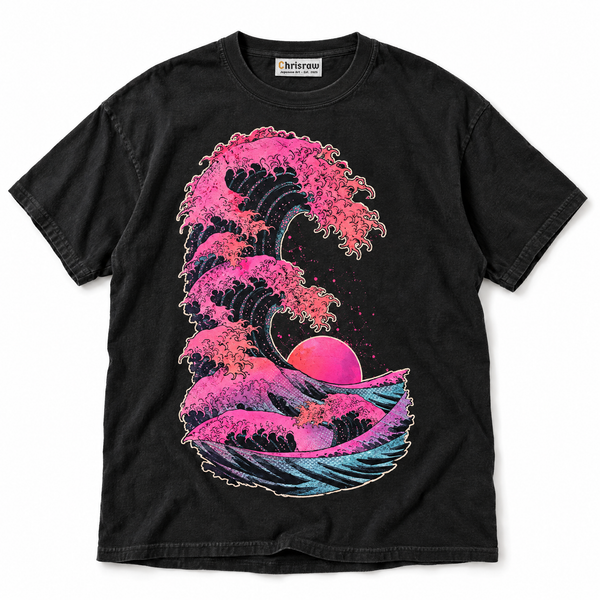 Chrisraw Momonami black T-shirt — pink great wave vaporwave print