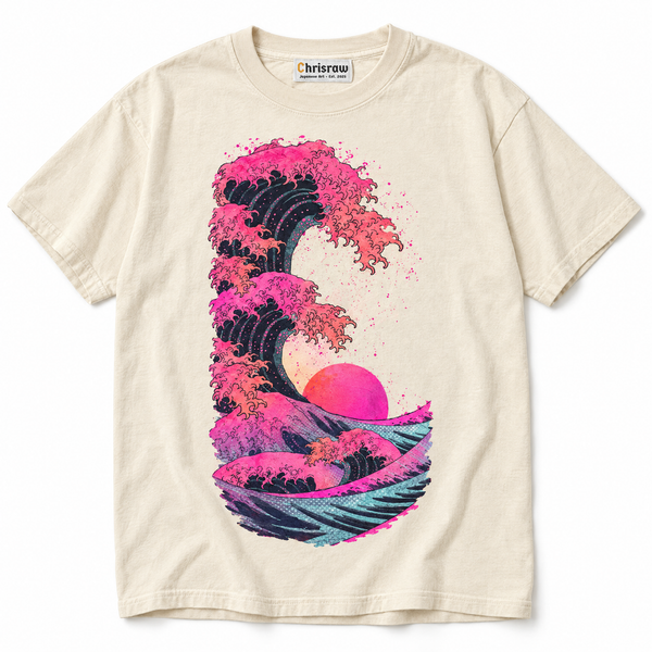 Chrisraw Momonami ivory T-shirt — pink great wave vaporwave print