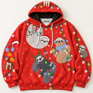Chrisraw Sloths in Christmas lights hoodie — front flat lay