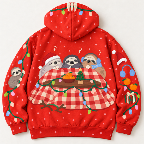 Chrisraw Sloths in Christmas lights hoodie — back flat lay