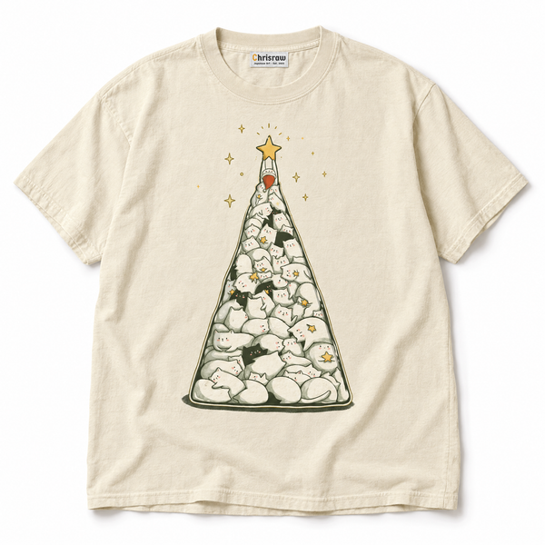 Chrisraw Neko no Ki ivory T-shirt — christmas tree of cats print