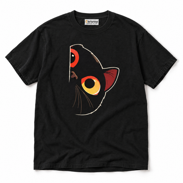Chrisraw Nekome black T-shirt — black cat big eyes print