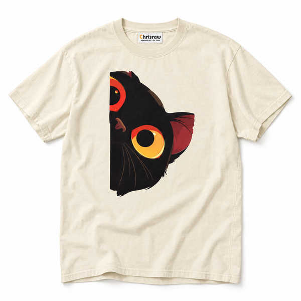 Chrisraw Nekome ivory T-shirt — black cat big eyes print