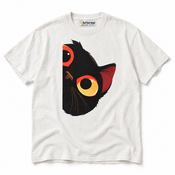 Chrisraw Nekome white T-shirt — black cat big eyes print