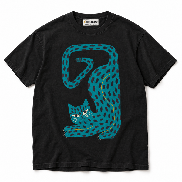 Chrisraw Nobi Neko black T-shirt — stretching teal spotted cat print