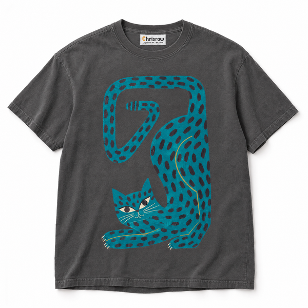 Chrisraw Nobi Neko pepper T-shirt — stretching teal spotted cat print