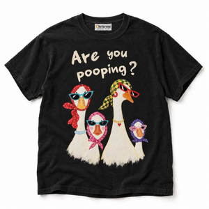 Chrisraw Nozoki Gacho black T-shirt — are you pooping nosy geese print