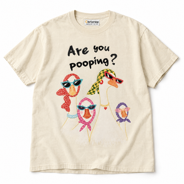 Chrisraw Nozoki Gacho ivory T-shirt — are you pooping nosy geese print