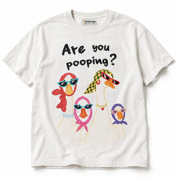 Chrisraw Nozoki Gacho white T-shirt — are you pooping nosy geese print