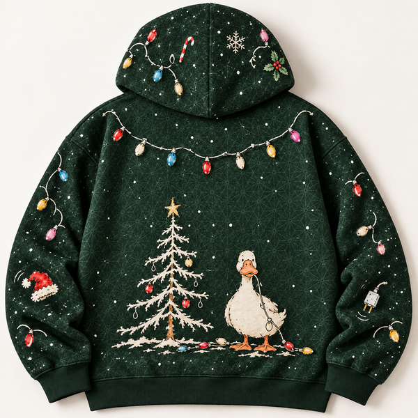 Chrisraw Duck the Halls tangled Christmas lights hoodie — back flat lay
