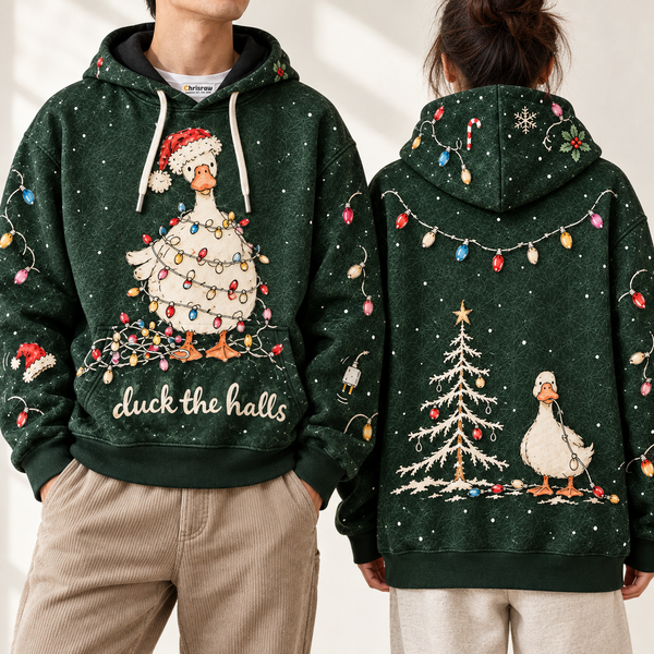 Chrisraw Duck the Halls tangled Christmas lights hoodie — on model