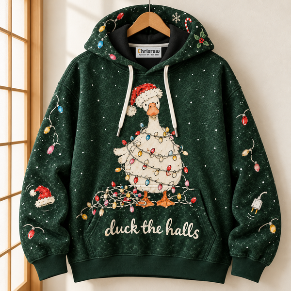 Chrisraw Duck the Halls tangled Christmas lights hoodie — hanging
