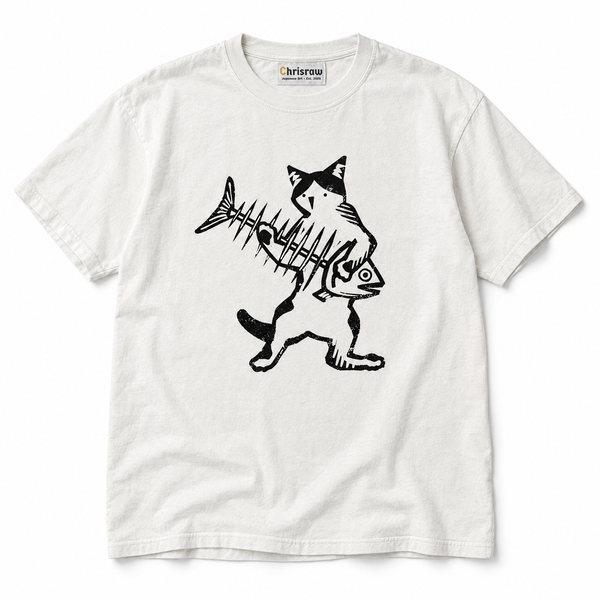 Chrisraw Sakana Dorobo white T-shirt — cat with fishbone linocut print