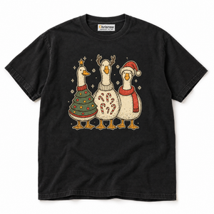 Chrisraw San-Gacho black T-shirt — three christmas geese storybook print