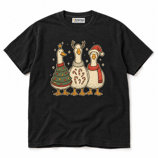 Chrisraw San-Gacho black T-shirt — three christmas geese storybook print