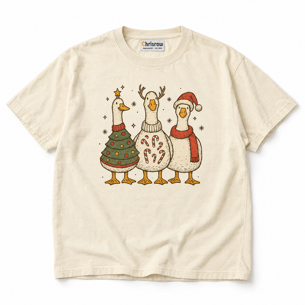 Chrisraw San-Gacho ivory T-shirt — three christmas geese storybook print