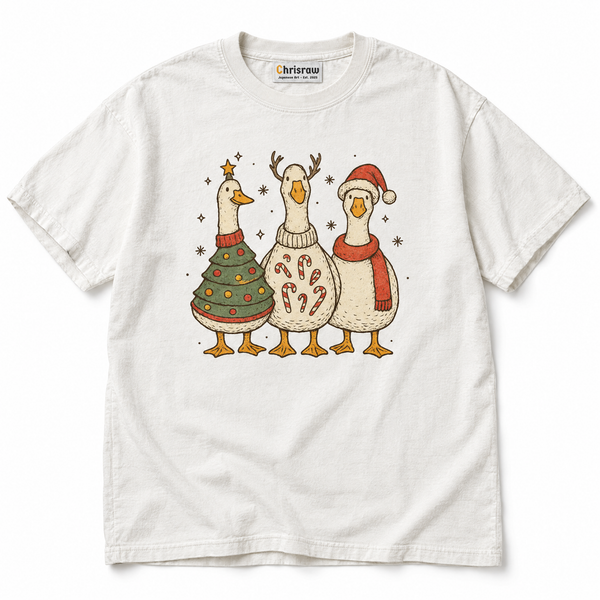 Chrisraw San-Gacho white T-shirt — three christmas geese storybook print