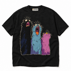 Chrisraw Sanbiki black T-shirt — three screaming cats print