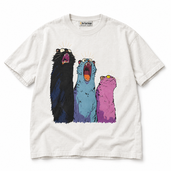 Chrisraw Sanbiki white T-shirt — three screaming cats print
