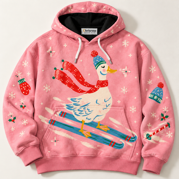 Chrisraw Skiing goose pink winter hoodie — front flat lay