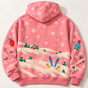 Chrisraw Skiing goose pink winter hoodie — back flat lay
