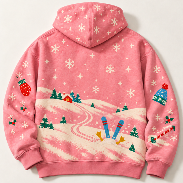 Chrisraw Skiing goose pink winter hoodie — back flat lay