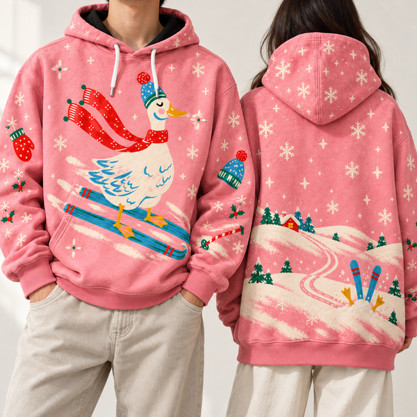 Chrisraw Skiing goose pink winter hoodie — on model