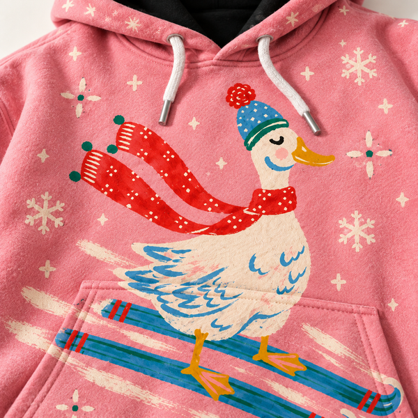 Chrisraw Skiing goose pink winter hoodie — print close-up