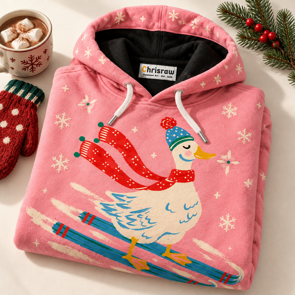 Chrisraw Skiing goose pink winter hoodie — folded