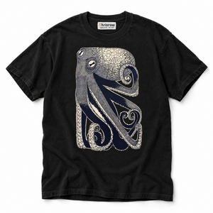 Chrisraw Sumidako black T-shirt — navy ink octopus stipple print