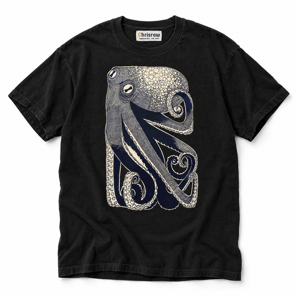 Chrisraw Sumidako black T-shirt — navy ink octopus stipple print