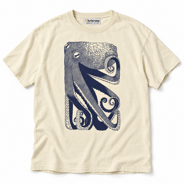Chrisraw Sumidako ivory T-shirt — navy ink octopus stipple print