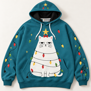 Chrisraw Grumpy white cat dressed as Christmas tree hoodie — front flat lay