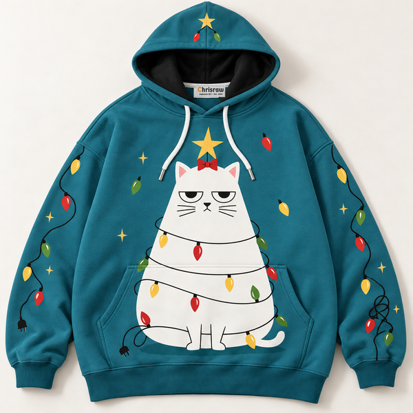 Chrisraw Grumpy white cat dressed as Christmas tree hoodie — front flat lay