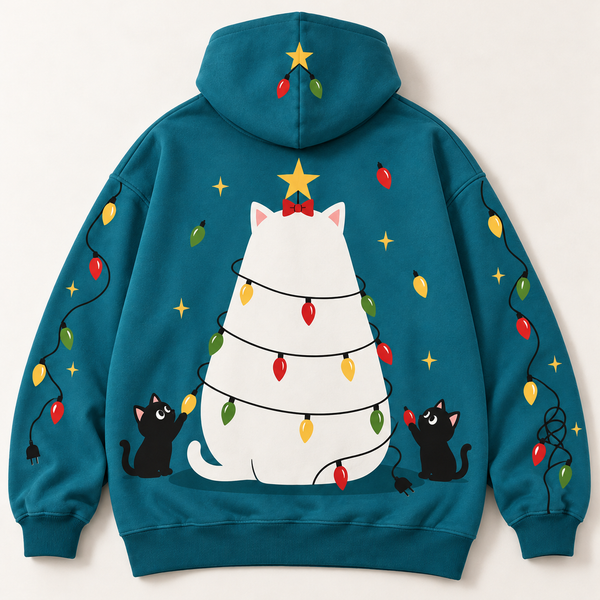 Chrisraw Grumpy white cat dressed as Christmas tree hoodie — back flat lay