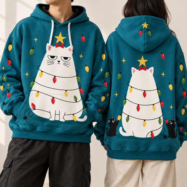 Chrisraw Grumpy white cat dressed as Christmas tree hoodie — on model