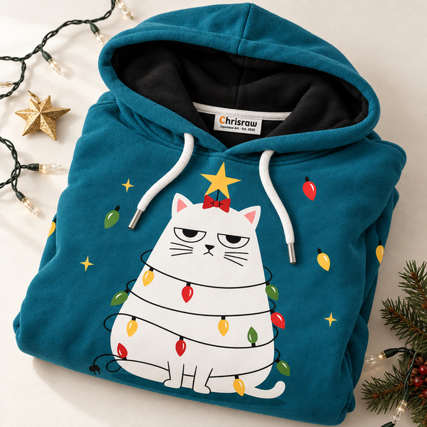 Chrisraw Grumpy white cat dressed as Christmas tree hoodie — folded
