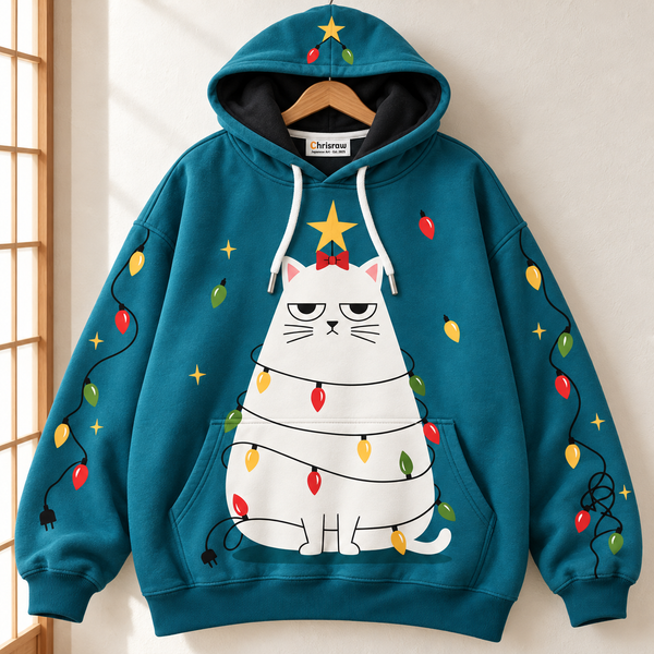 Chrisraw Grumpy white cat dressed as Christmas tree hoodie — hanging