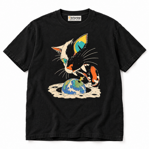 Chrisraw Uchu Neko black T-shirt — giant space cat eats earth print
