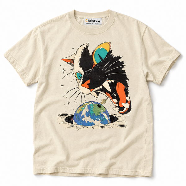Chrisraw Uchu Neko ivory T-shirt — giant space cat eats earth print