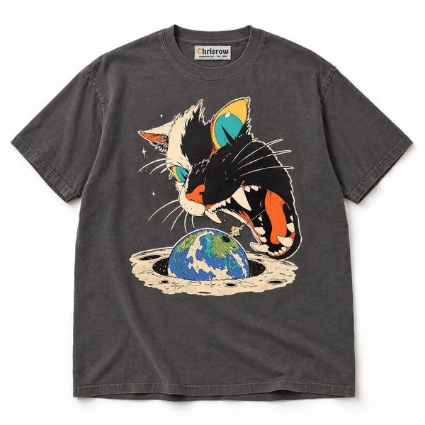 Chrisraw Uchu Neko pepper T-shirt — giant space cat eats earth print