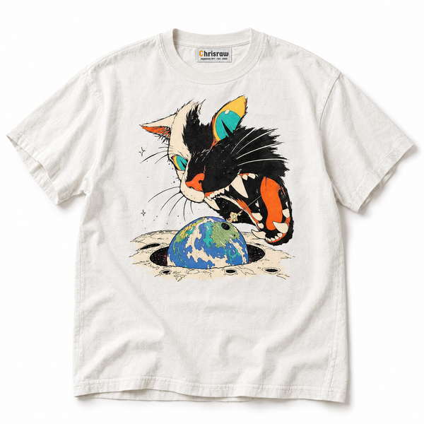 Chrisraw Uchu Neko white T-shirt — giant space cat eats earth print