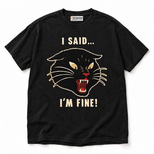 Chrisraw Unaru black T-shirt — I said I'm fine snarling cat print