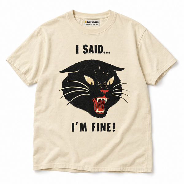 Chrisraw Unaru ivory T-shirt — I said I'm fine snarling cat print