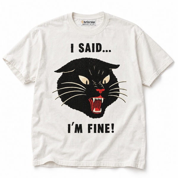Chrisraw Unaru white T-shirt — I said I'm fine snarling cat print