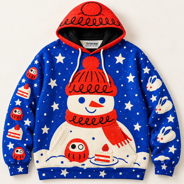 Chrisraw Japanese snowman daruma Christmas hoodie — front flat lay