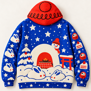 Chrisraw Japanese snowman daruma Christmas hoodie — back flat lay