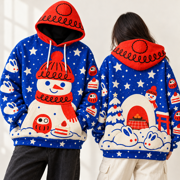 Chrisraw Japanese snowman daruma Christmas hoodie — on model